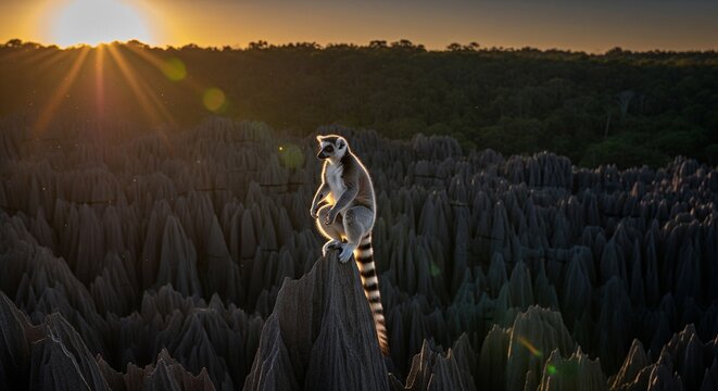 A ring-tailed lemur sitting on top of sharp gray rock formations known as Tsingy, looking away with a vibrant sunset over a lush green forest background.