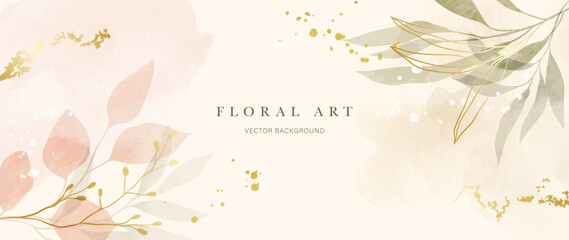 Obraz premium Floral art background vector. Soft pastel watercolor flowers and botanical leaves with gold accents on beige for wedding invitation, feminine banner, elegant card and romantic cover.