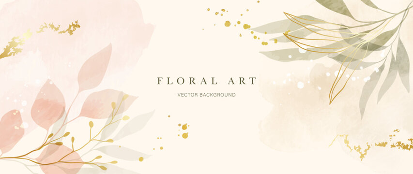 Floral art background vector. Soft pastel watercolor flowers and botanical leaves with gold accents on beige for wedding invitation, feminine banner, elegant card and romantic cover.