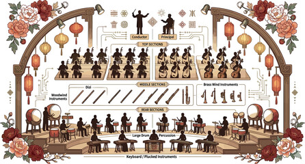 Traditional Chinese National Orchestra Seating Plan Diagram Infographic Showing Musical Instrument Arrangements with Conductor Stage Layout Flowers and Lanterns © Md
