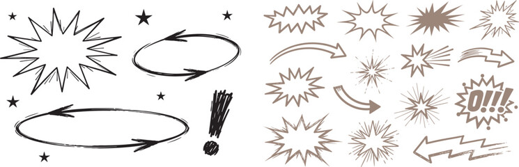 Hand drawn comic book graphic elements set with speech bubbles arrows and stars in sketchy ink doodle style for pop art design © reza