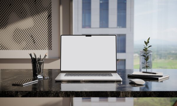 Laptop Blank Screen Mockup on Modern Office Desk