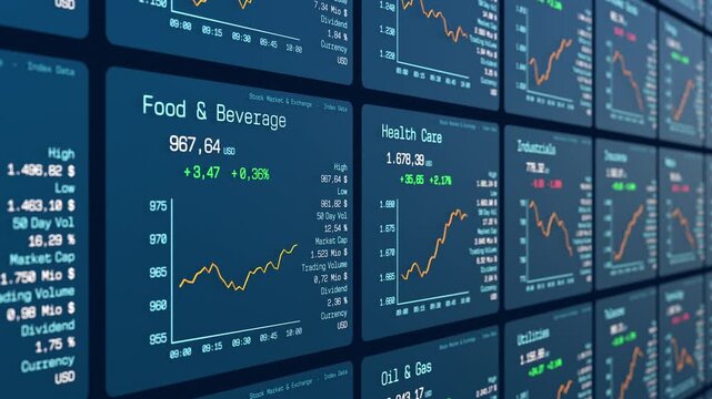 Sector index charts, stock market and exchange. Chart up or down, growth, business, investment, equity, share price, data, financial markets.