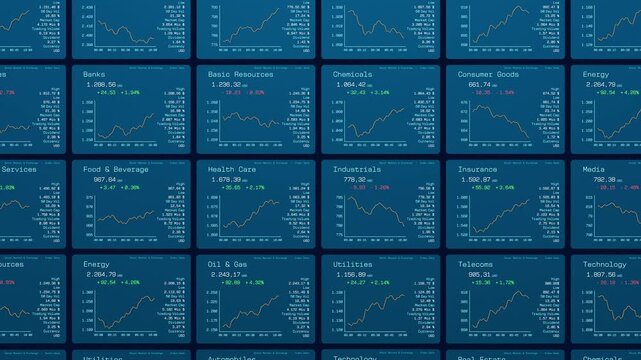 Sector index charts technology, chemicals, industrials, automobiles, stock market and exchange. Chart up or down, growth, business, investment, equity, share price, data, financial markets.