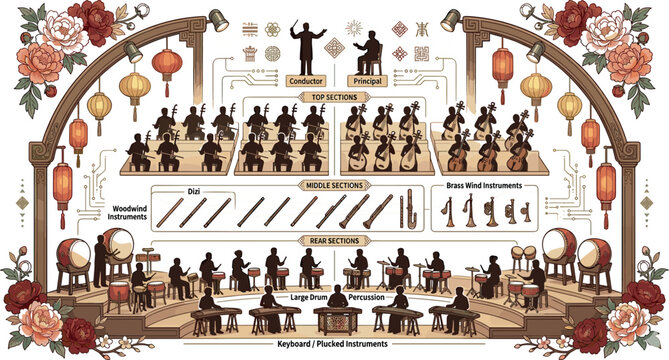Traditional Chinese National Orchestra Seating Plan Diagram Infographic Showing Musical Instrument Arrangements with Conductor Stage Layout Flowers and Lanterns