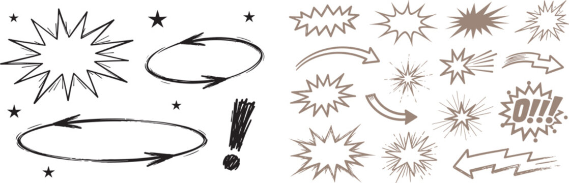 Hand drawn comic book graphic elements set with speech bubbles arrows and stars in sketchy ink doodle style for pop art design
