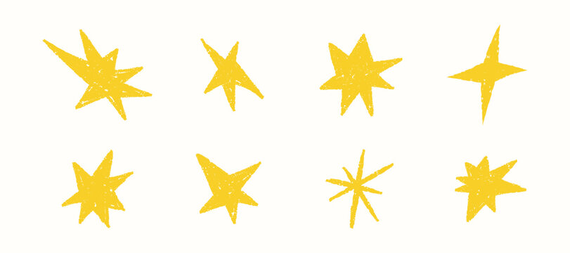 Hand drawn crayon stars in pastel style. Cute sparkle icons for kids party designs, Christmas cards, scrapbooking, birthday backgrounds, festive sticker collections. Doodle isolated vector illustratio