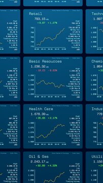 Sector index charts retail, oil & gas, industrials, automobiles, stock market and exchange. Chart up or down, growth, business, investment, equity, share price, data, financial markets.