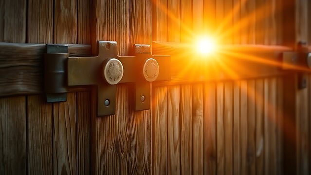 Metal fasteners on a barn door during sunset with long shadows.