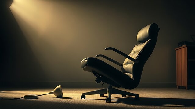 Tilted office chair and fallen lamp in empty workspace.