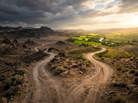 Fork in dirt road representing difficult decisions and choices