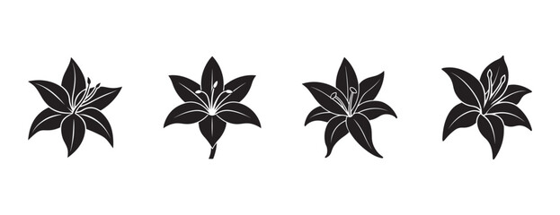Naklejka premium elegant lily flowers in black silhouette showcasing intricate petal details and central stamens isolated on transparent background