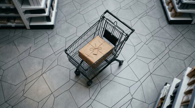 Minimalist flat illustration of a shopping cart with a gift package on a geometric tiled floor, representing commerce and retail concepts Asian Games Concept, 2026.