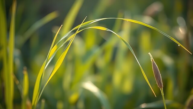 Reed stalks bent by morning dew in soft light.