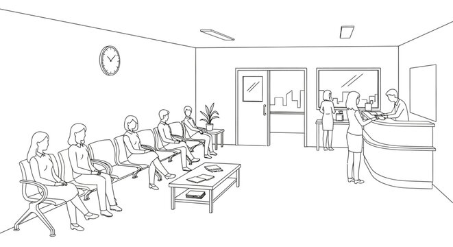 Conceptual line art illustration of a modern waiting room in a medical clinic or office, with patients and reception desk.