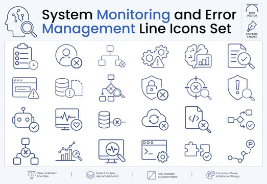 Business Process Monitoring and System Status Line Icons Set, Error Management, Security, Database, Cloud Sync, Workflow Analytics Outline Vector Collection