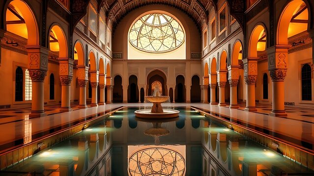 Islamic palace arcade with a fountain reflecting a geometric dome.