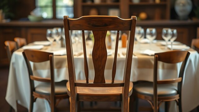Empty wooden chair pulled away from a fully set dining table.