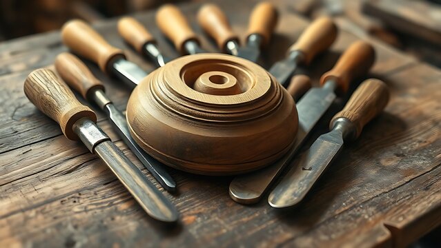 Various wood carving chisels arranged around a shaped piece of wood on a worn workbench.