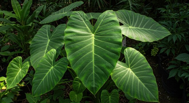 Large green tropical elephant ear plant.