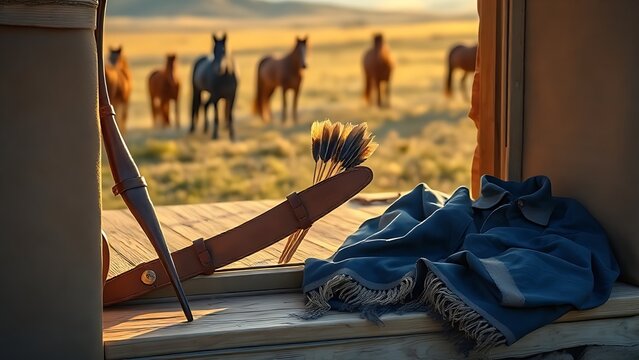 Mongolian recurve bow and quiver on ger doorstep with silk deel, nomadic steppe heritage.