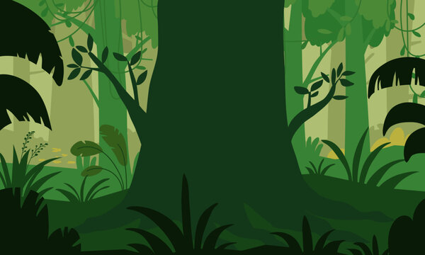 Flat design tropical jungle background with exotic forest trees and plants vector illustration