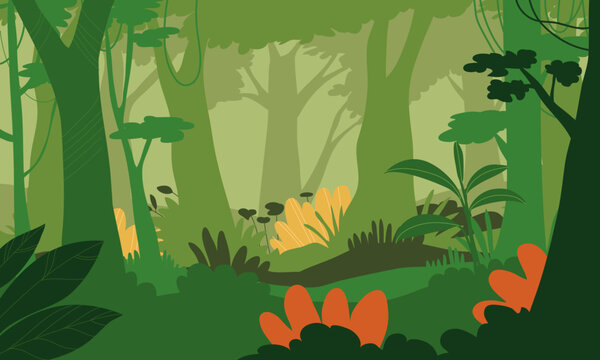 Flat design tropical jungle background with exotic forest trees and plants vector illustration
