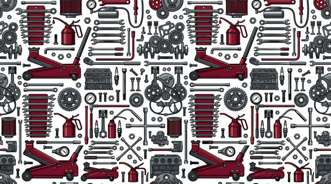 Car Mechanic and Automotive Repair Seamless Pattern Featuring Hydraulic Jacks Wrenches Oil Cans Pistons Engine Blocks Gears and Garage Hardware Maintenance Tools