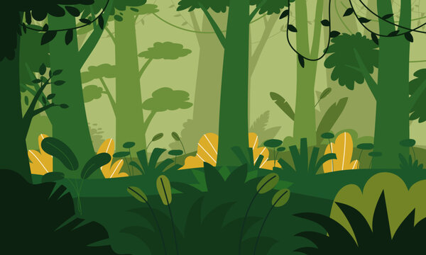 Flat design tropical jungle background with exotic forest trees and plants vector illustration