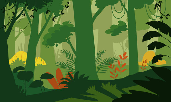 Flat design tropical jungle background with exotic forest trees and plants vector illustration