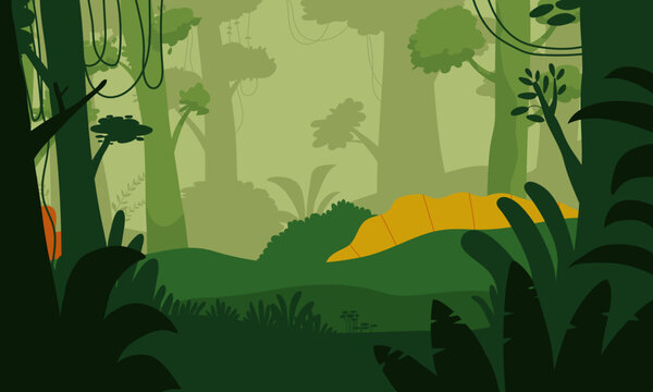 Flat design tropical jungle background with exotic forest trees and plants vector illustration