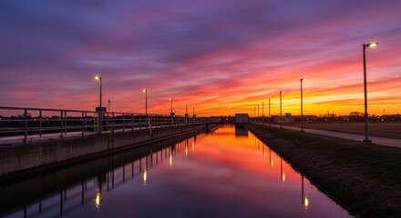 Obraz premium Sunset over canal with bridge.