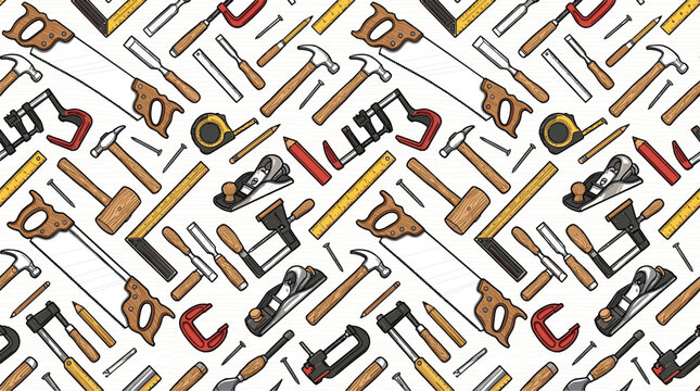 Carpentry and Woodworking Seamless Pattern Featuring Hand Saws Hammers Chisels Clamps Hand Planes Square Rulers Tape Measures and Carpenter Construction Tools