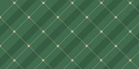 Christmas rhombus seamless pattern. Xmas plaid texture with gold line and stars. Green argyle geometric diamond abstract pattern. Christmas wrapping. Vector illustration isolated on green background. © Lukman