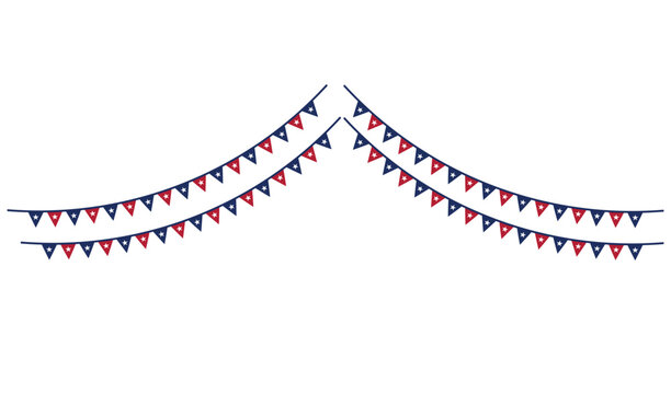Red and blue triangular pennant banners on strings for party decoration
