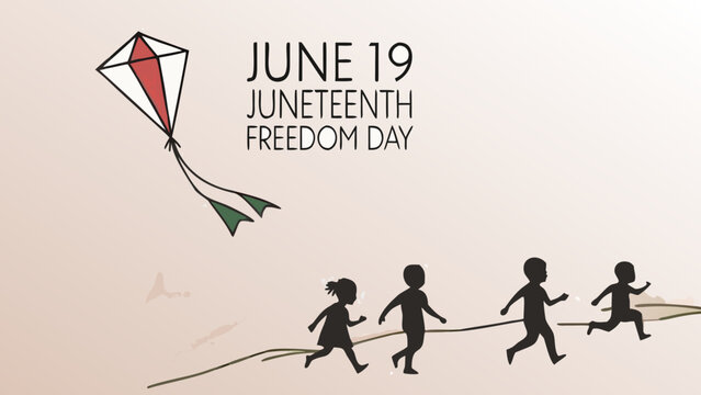 Juneteenth Freedom Day, Celebratory Kite Flying, Silhouette Children Running, June 19th, Emancipation Vector Icons