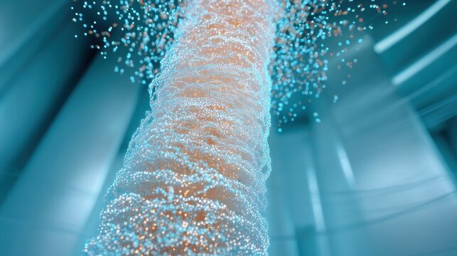 A shimmering cloud of silver nanobots forming a solid architectural pillar, transition from dust to solid material, iridescent micro particles