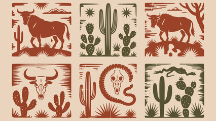 Hand drawn Wild West desert vector artwork featuring longhorn cattle cacti horses and canyon landscapes © Animesh