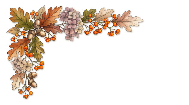 Top-left corner botanical ornament featuring autumn oak leaves, acorns, dried hydrangea blooms and bittersweet berries