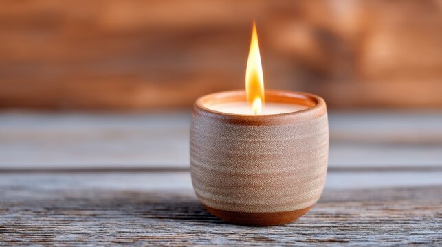 Close up of a burning scented candle in a handcrafted ceramic holder, soft flickering flame, rich texture of weathered wood, warm amber glow