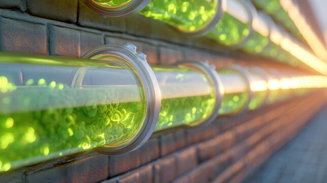 Close up of a futuristic bio curtain facade, flexible glass tubes filled with bubbling neon green microalgae, industrial brick wall background