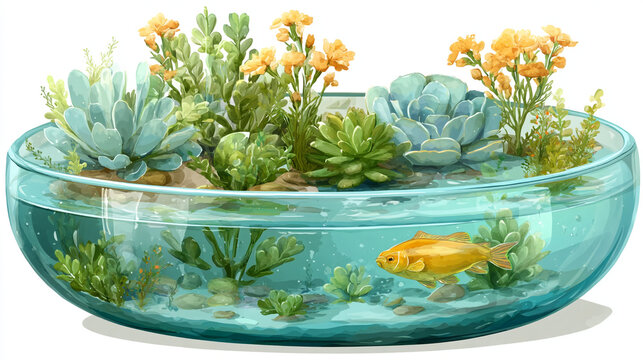 Goldfish swimming in a wide shallow glass bowl filled with succulent plants and water