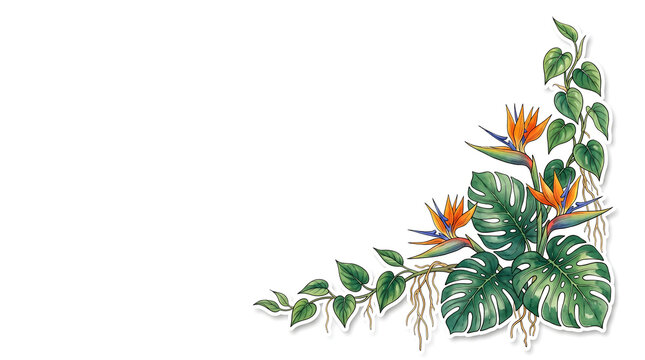 Bottom-right corner botanical ornament featuring tropical monstera leaves, bird of paradise flowers and cascading philodendron vines