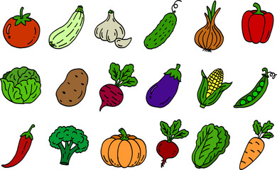 Fototapeta premium Hand-drawn colorful vegetable icons in doodle style
