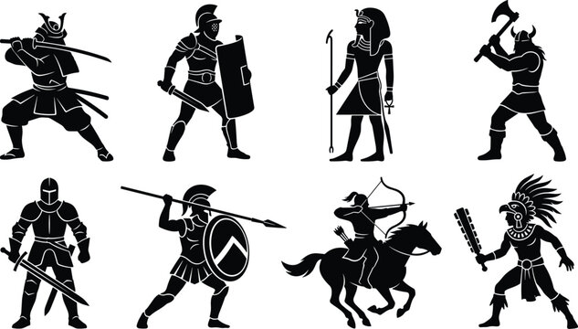 Ancient warriors and historical soldiers black silhouette vector set including samurai gladiators knights vikings and indigenous fighters isolated on white background