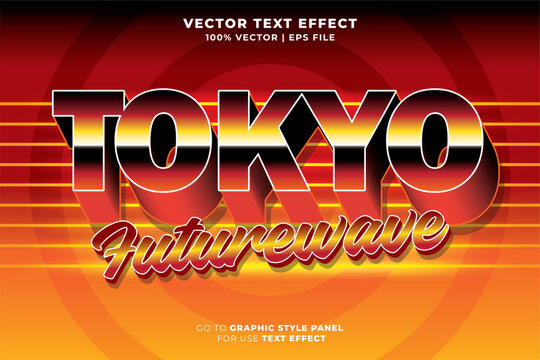 Tokyo editable text effect with futurewave 1980s and chrome gradient font style, 3D metallic lettering, red and orange retro background with horizontal lines and circles.