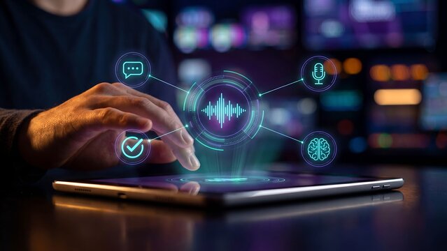 Hand touching futuristic holographic interface with sound wave voice recognition icon showing microphone chat and AI brain symbols for voice assistant technology