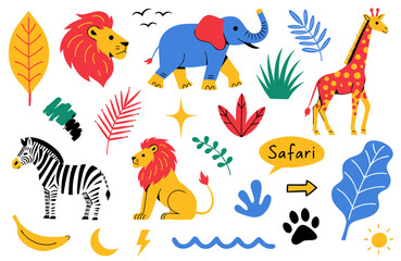 Obraz premium Colorful safari animals and leaves illustration with lion, elephant, giraffe, zebra, and various plants in a vibrant vector graphic design