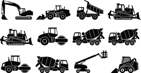 Construction vehicles silhouettes set featuring heavy machinery icons like excavator bulldozer dump truck road roller and concrete mixer © SHAPLAKHATUN