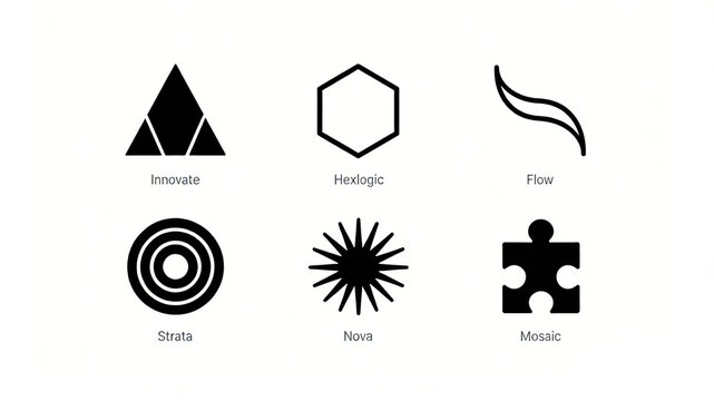 Six minimalist black geometric icons representing logical flow and hierarchical integration concepts, suitable for architectural design brand logos.
